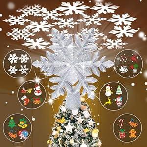 Christmas Tree Toppers Lighted with 6 Projection Modes, Christmas Snowflake Tree Topper with Built-in LED Rotating Lights, Silver 3D Glitter Projection for Xmas Party Holiday Decorations