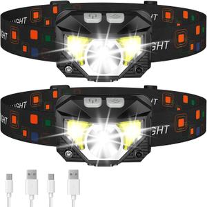 LHKNL Headlamp Flashlight, Lumen Ultra-Light Bright LED Rechargeable Headlight with White Red Light, 2-Pack Waterproof Motion Sensor Head Lamp,8 Modes for Outdoor Camping Running Hiking Fishing (Black)