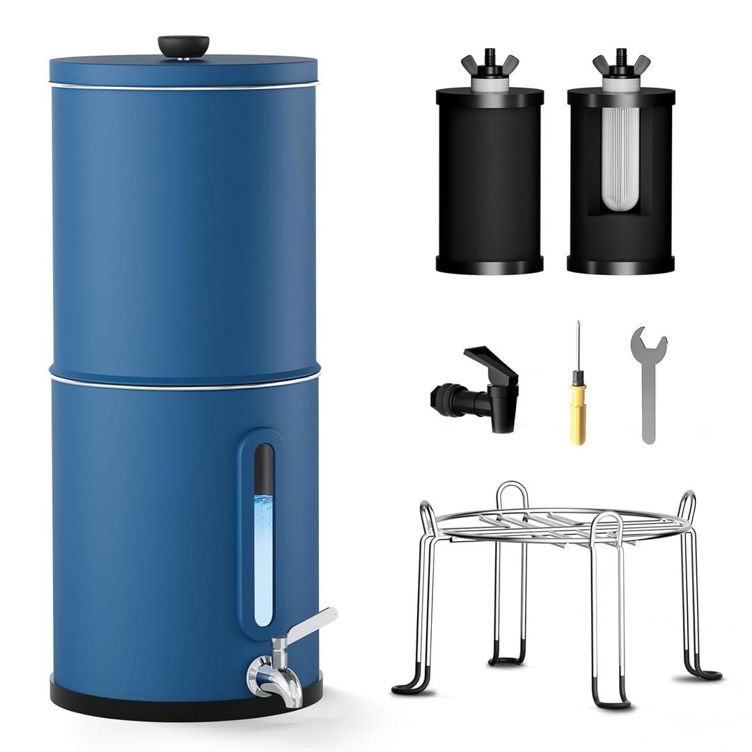 2.25G Gravity Water Filtration System - Water Level WindowNSF/ANSI 42&372 Certification,18/8 Stainless Steel Countertop Water Filter System - Reduce Up to 99.9% Chlorine, for Home, RVing (Blue)