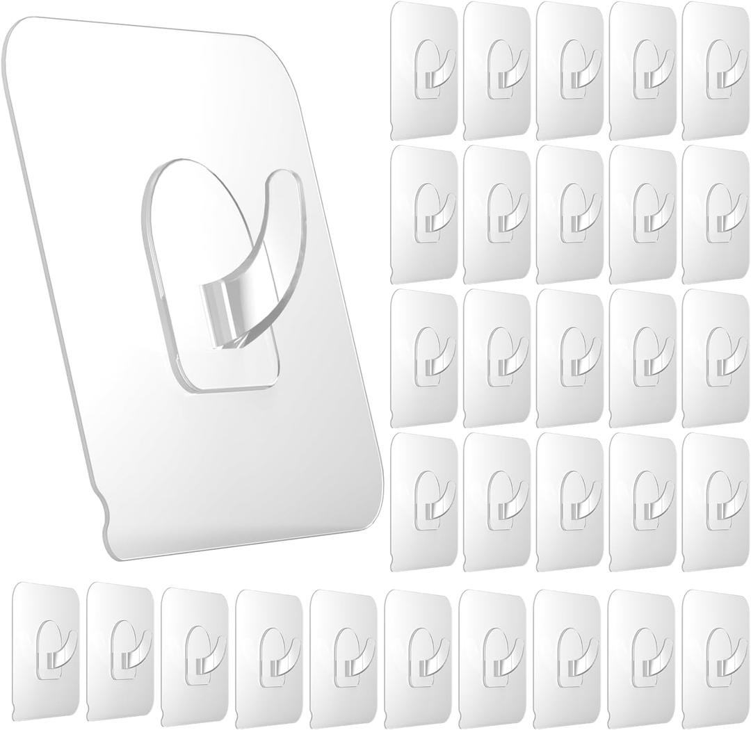 Ninth Five 30 Pack Adhesive Hooks for Hanging, 33lb Heavy Duty Wall Hooks, Clear Plastic Sticky Utility Hook for Home Kitchen Bathroom Office Use