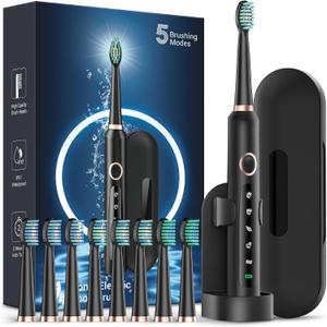 Sonic Electric Toothbrush for Adults - Rechargeable Electric Toothbrush with 8 Brush Heads & Travel Case,Teeth Whitening, Power Electric Toothbrush with Holder, 3Hours Charge for 120 Days - Black