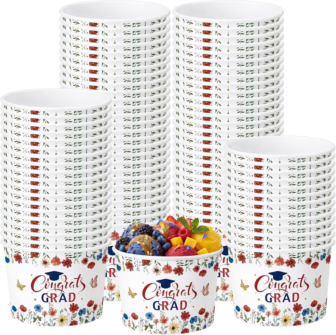2 x Funnymoom 50 Pack Red White Blue Wildflower Graduation Ice Cream Cups 9 oz Class of 2026 Congrats Grad Disposable Dessert Snack Cups Floral Graduation Paper Soup Bowls for College High School Party, about 3.5 x 2.4 x 2.8 inches/ 9 x 6 x 7.2 cm
