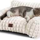 Cat Beds for Indoor Cats - Cute Cat Couch Bed Fluffy Pet Sofa with Faux Rabbit Fur Washable Cover, Fuzzy Pet Couch in 3D Diamond Pattern, Suppportive Large & Small Cats Sofa, 24inch Off White