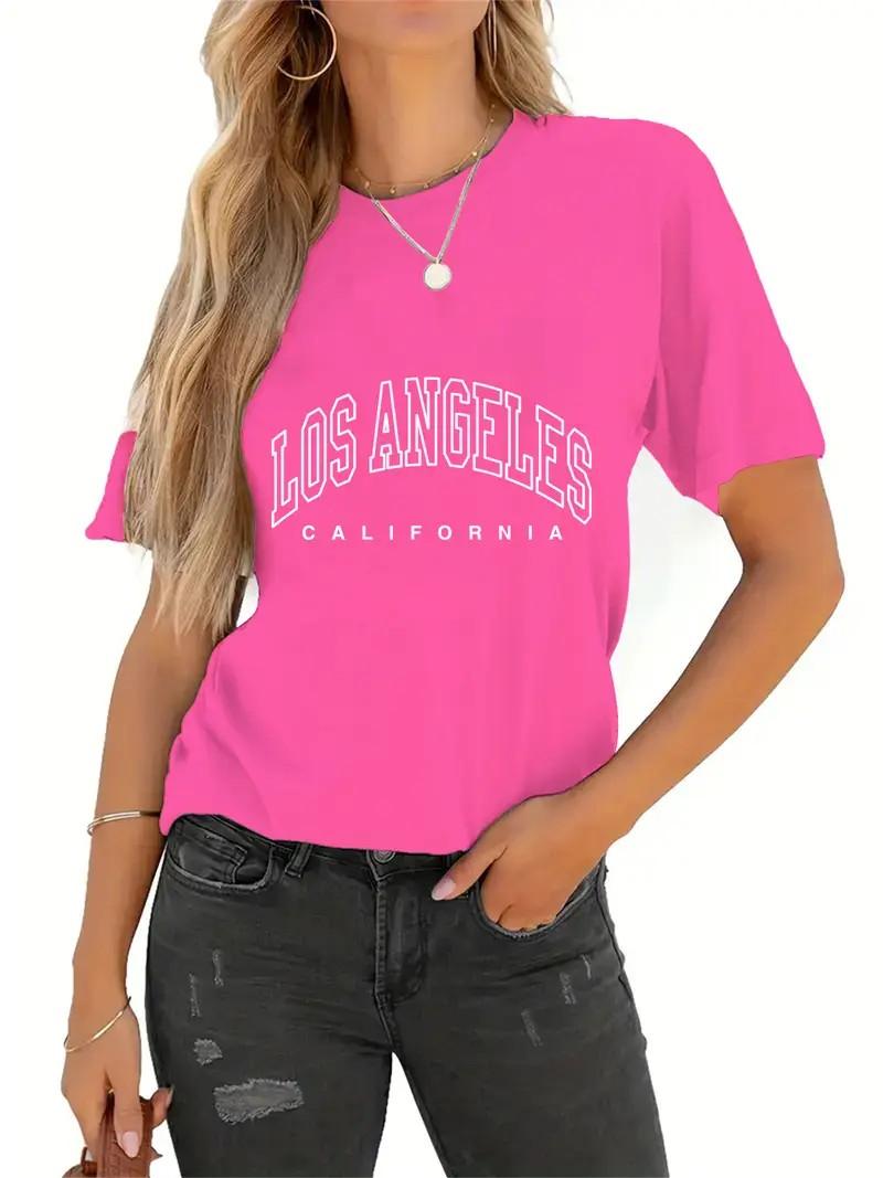OYOANGLE Women's Letter Graphic Half Sleeve Tshirts Crew Neck Summer Casual Tee Shirts Hot Pink Small