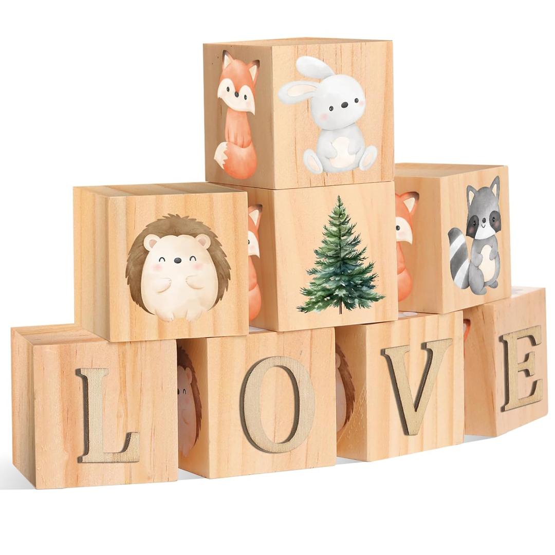 Custom Woodland Animals Wooden Name Sign, 8 Animals Block with 78 Letter Nursery Name Cubes for Nursery Shower Baby Shower Alphabet Wood Signs