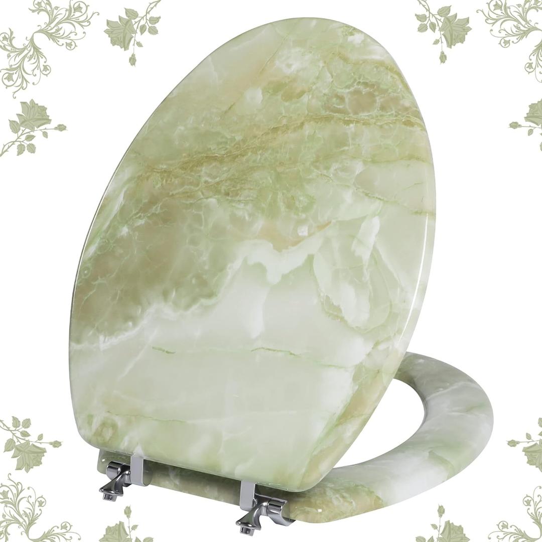 Elongated Toilet Seat Natural Wood Toilet Seat with Zinc Alloy Hinges, Easy to Install also Easy to Clean, Anti-pinch Marble Toilet Seat by Angol Shiold (Elongated, Green Marble) (Elongated-18.5)