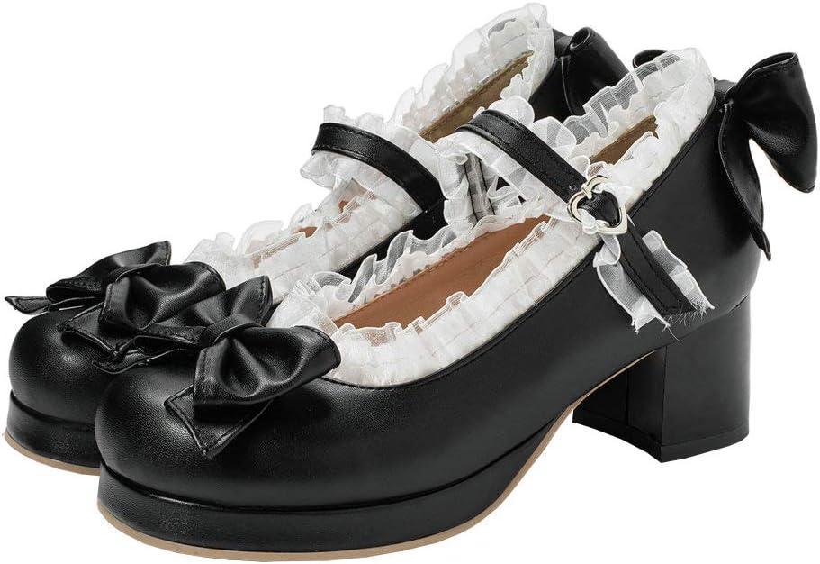 LUXMAX Women Kawaii Mid Block Heel Mary Jane Rockabilly Pumps with Bow Platform Chunky Heel Cute Sweet Shoes (7, Black)