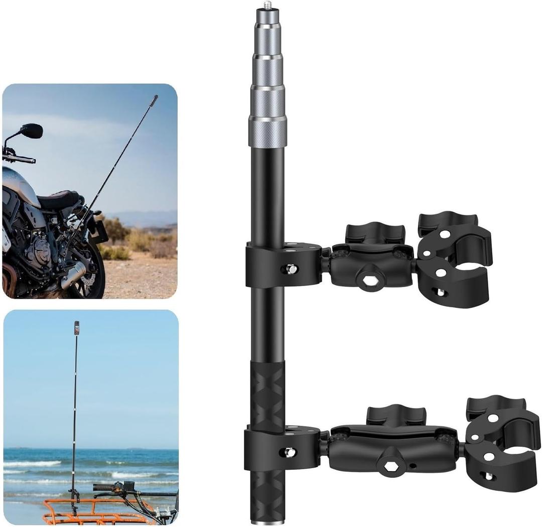 Motorcycle Handlebar Mount Dual Clamp Kit with 59" Invisible Selfie Stick - Anti-Slip Locking Mechanism for Insta360 X5/X4/X3/X2/GO3 & GoPro (Universal Bike Mount Accessories)