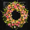 24 Inch Pink Orange Colorful Wildflowers Wreath, Artificial Poppy Wreath with Greenery Leaves, Spring Summer Decor Wreath for Front Door, Indoor Outdoor Wall, Window, & Farmhouse Home Decor