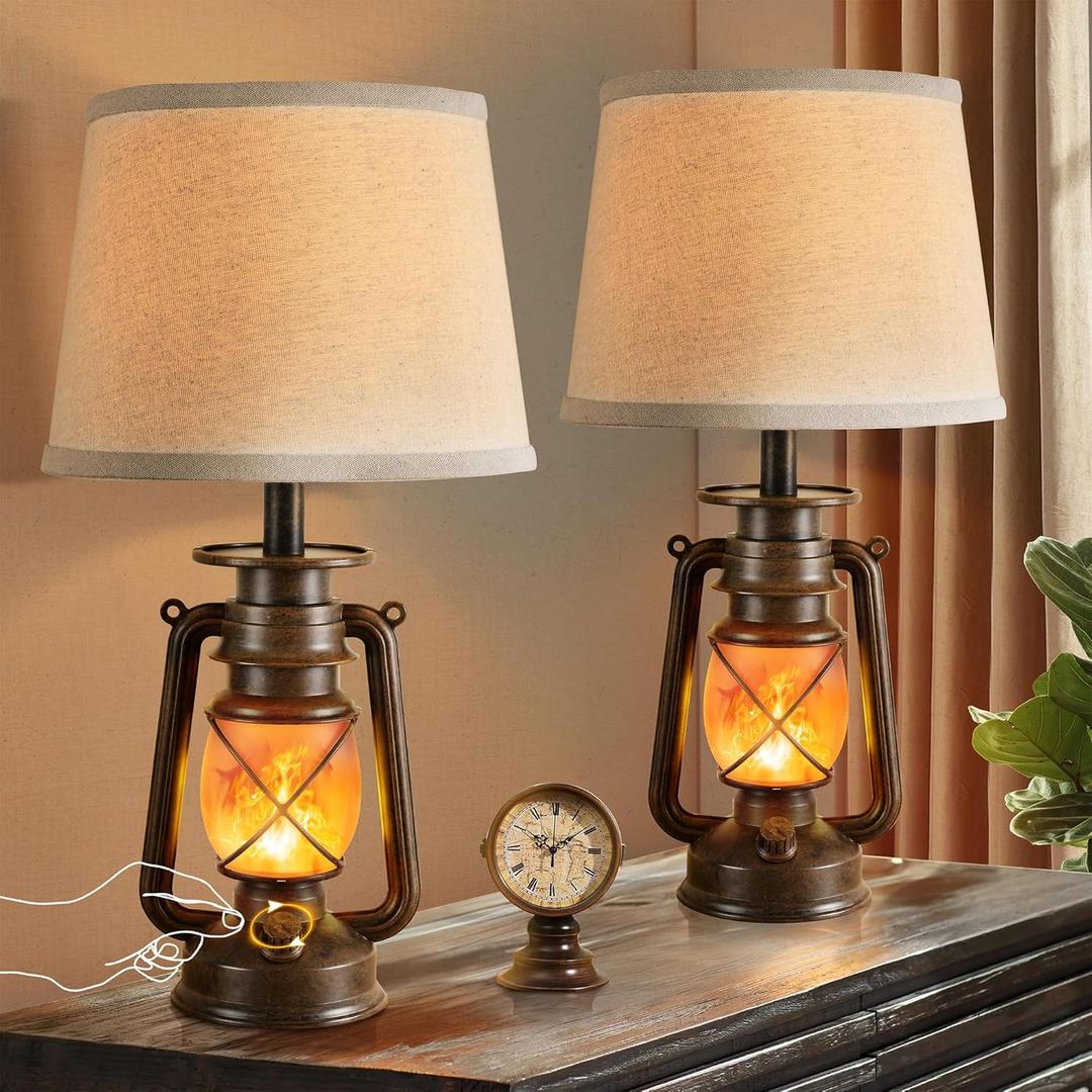 LEDIARY 18.72" LED Vintage Lantern Flickering Flame Table Lamps for Bedrooms Set of 2, Small Farmhouse Rustic Vintage End Table Lamps, Halloween Decorative Lantern Bedside Lamps for Living Room (Bronze Brown)