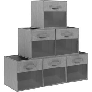 13x13 Large Storage Bins with Clear Window, Set of 6 Storage Cubes, Collapsible Cube Storage Bins, Fabric Closet Organizers with Handles for Home, Office, Closet Shelf Cabinet, Bookcase, Grey