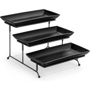 MALACASA 3 Tier Serving Tray, Porcelain Tiered Serving Trays Platters, 12 Inch Serving Stand with Platters,Black Dessert Stand with Collapsible Sturdier Metal Rack,Series PLAT