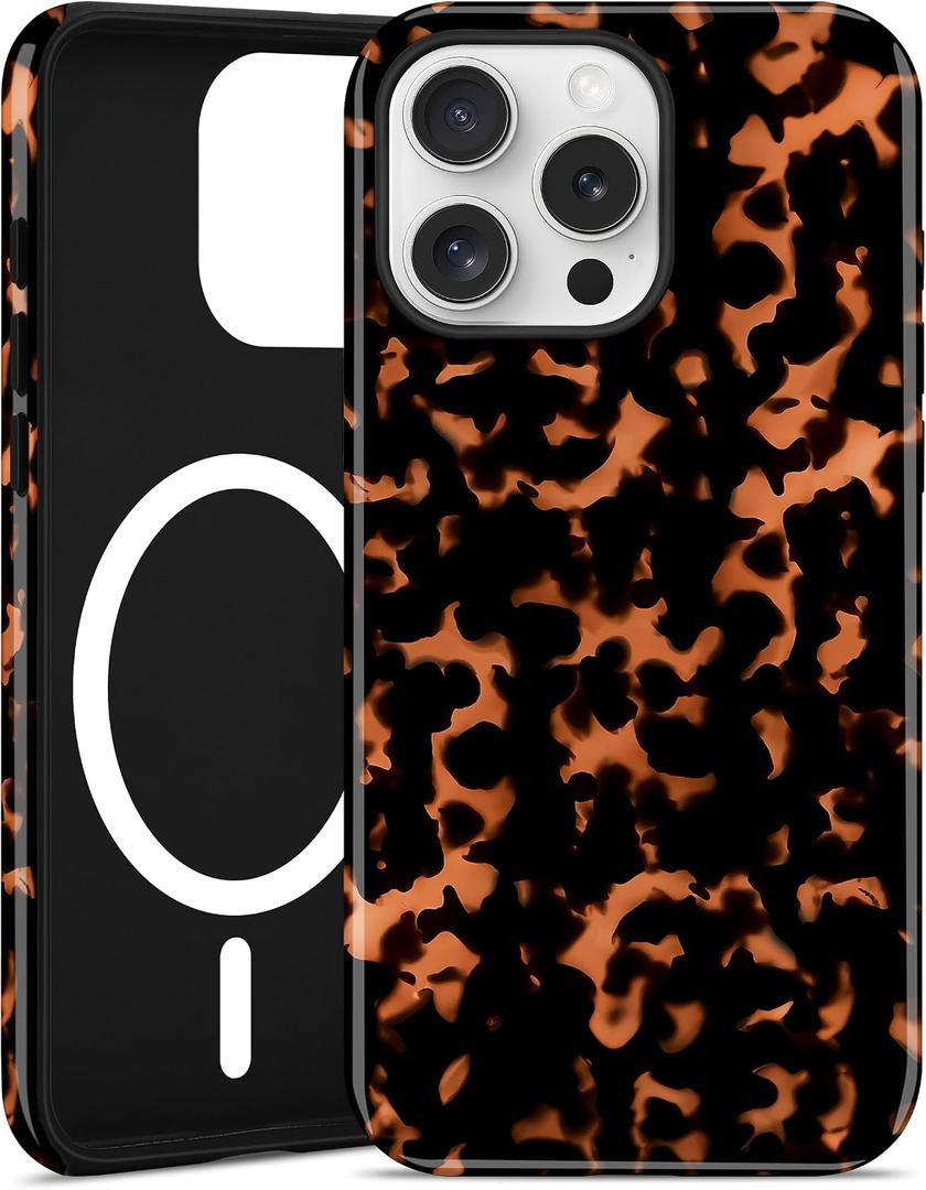 Jusy Compatible with MagSafe Brown Tortoise Shell Print Phone Case for iPhone 16 Pro Max, Amber Trendy Luxury Magnetic Soft TPU and Hard PC Protective Phone Cover for Women Girls - Turtle Shell