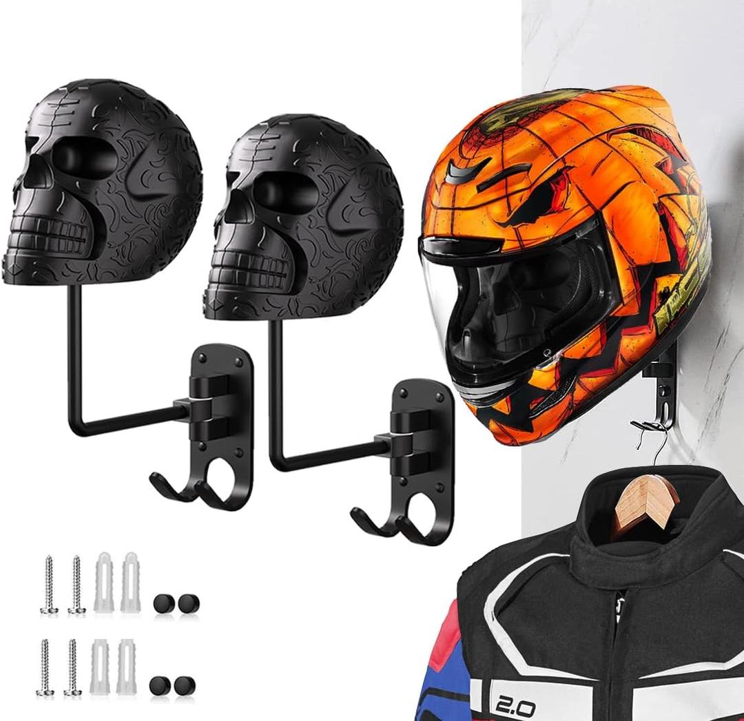 2 Pack Metal Skull Helmet Rack Wall Mount, Motorcycle Helmet Holder 180 Rotation Wall Mount Mount with 2 Hooks for Motorcycle Bike Baseball Rugby Black