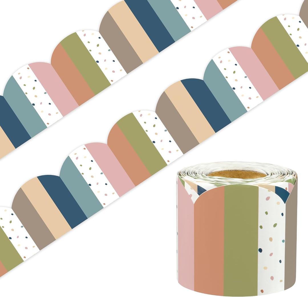 50 Ft Boho Bulletin Board Borders Scalloped Classroom Border Roll Stripe Polka Dot Border Trims Boho Colorful Bulletin Board Decorations for School Classroom Office Wall Chalkboard Decor