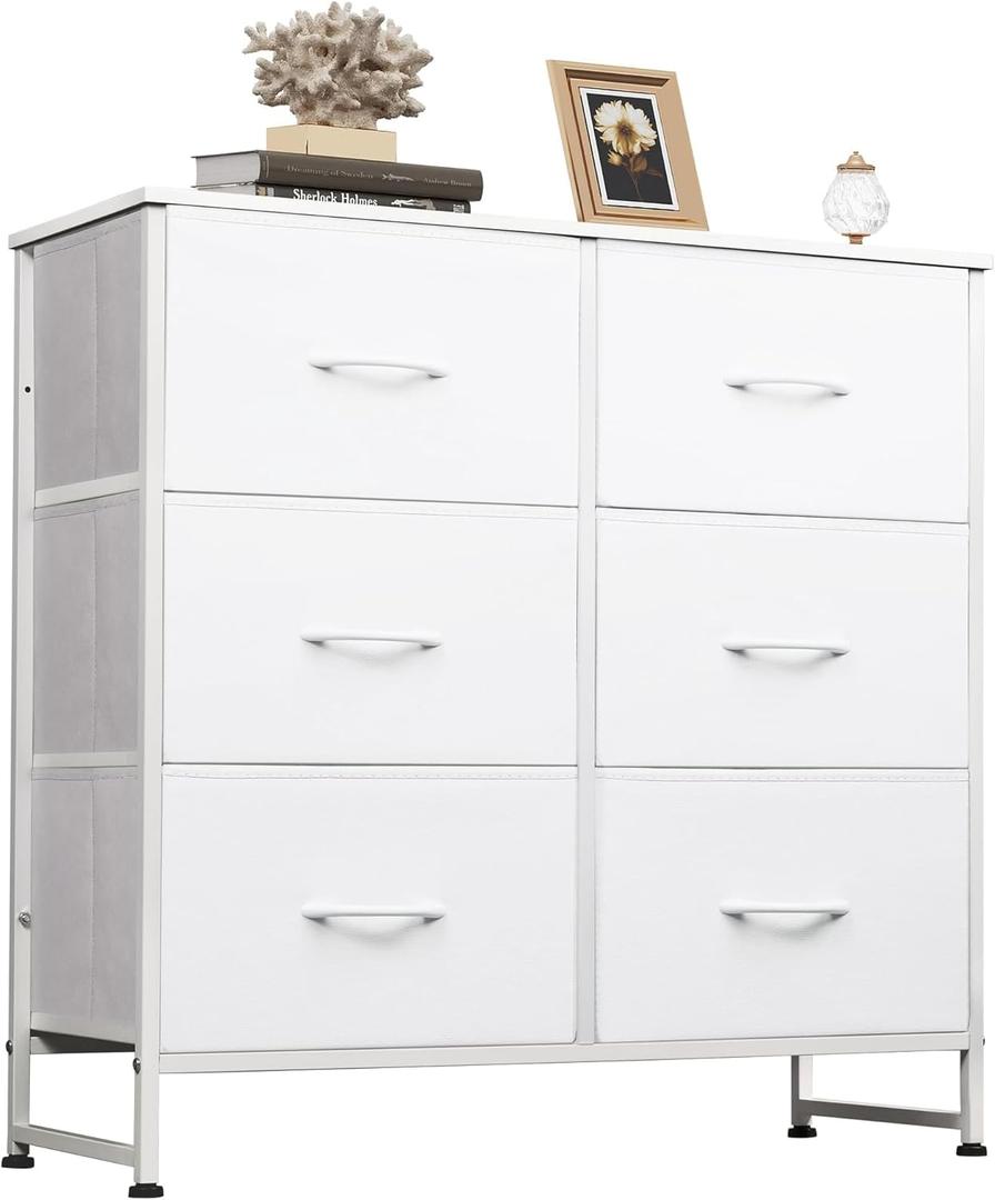 WLIVE White Dresser for Bedroom with 6 Fabric Drawers, Closet Dresser with Metal Frame, Wooden Top, Chest of Drawers for Closet, Living Room, Hallway