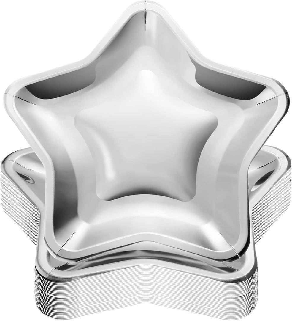 Vesici 60 Pieces Thick Star Shaped Paper Plates Disposable Party Plate Pentagram Dinnerware Decorations for Graduation Independence Day Wedding Birthday Baby Shower, 9.45 Inch(Silver)