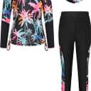 GRACE KARIN Girls Swimsuit Size 12-14 Teen Girl Swimwear Rash Guard Sets Quick Dry Long Sleeve Bathing Surfing Suit Summer Beach Pool Sun Protection
 (Iridescent Tropical Palm Print on Black)
