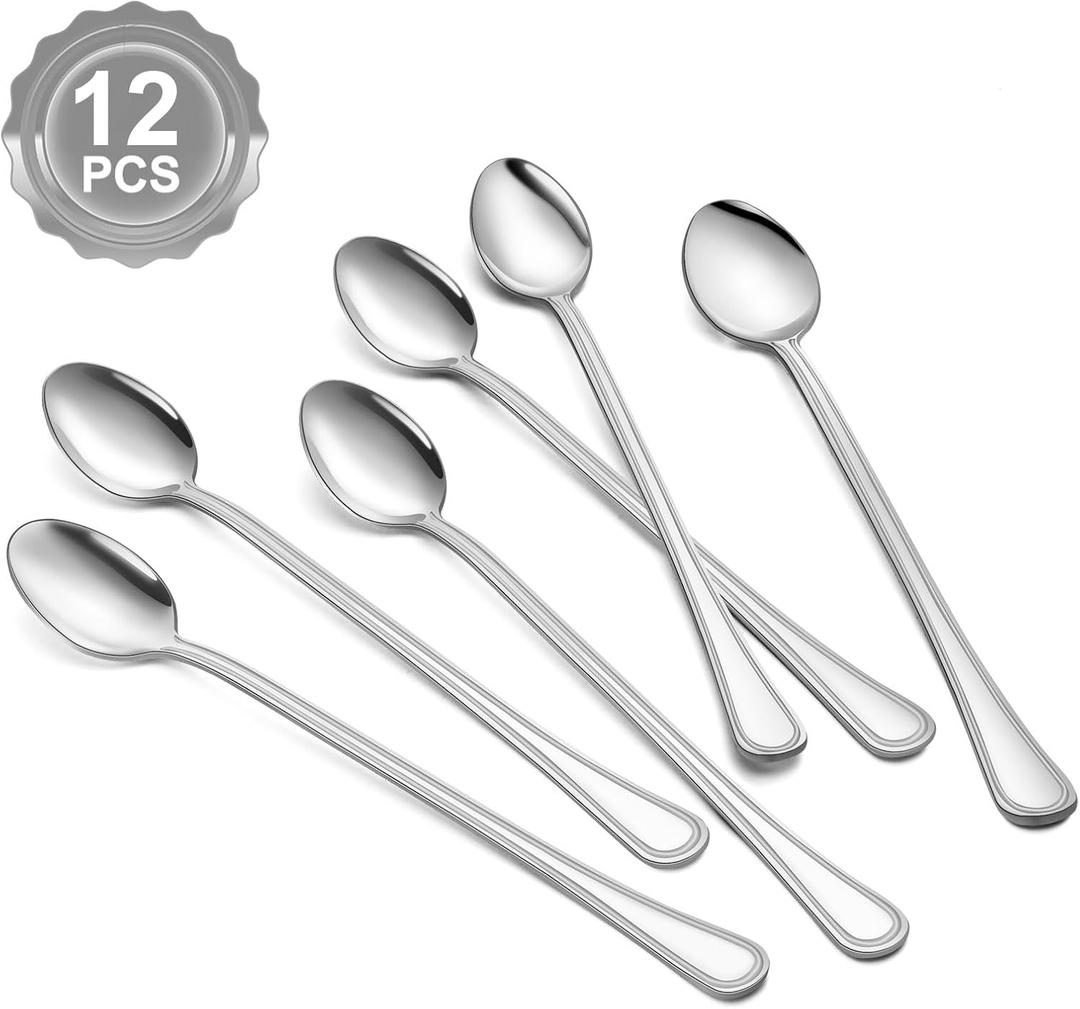 BEWOS 12-Piece Long Spoons, 8.2-Inch Stainless Steel, Coffee & Ice Cream Spoons, Cocktail Stirring & Mixing, Dishwasher Safe