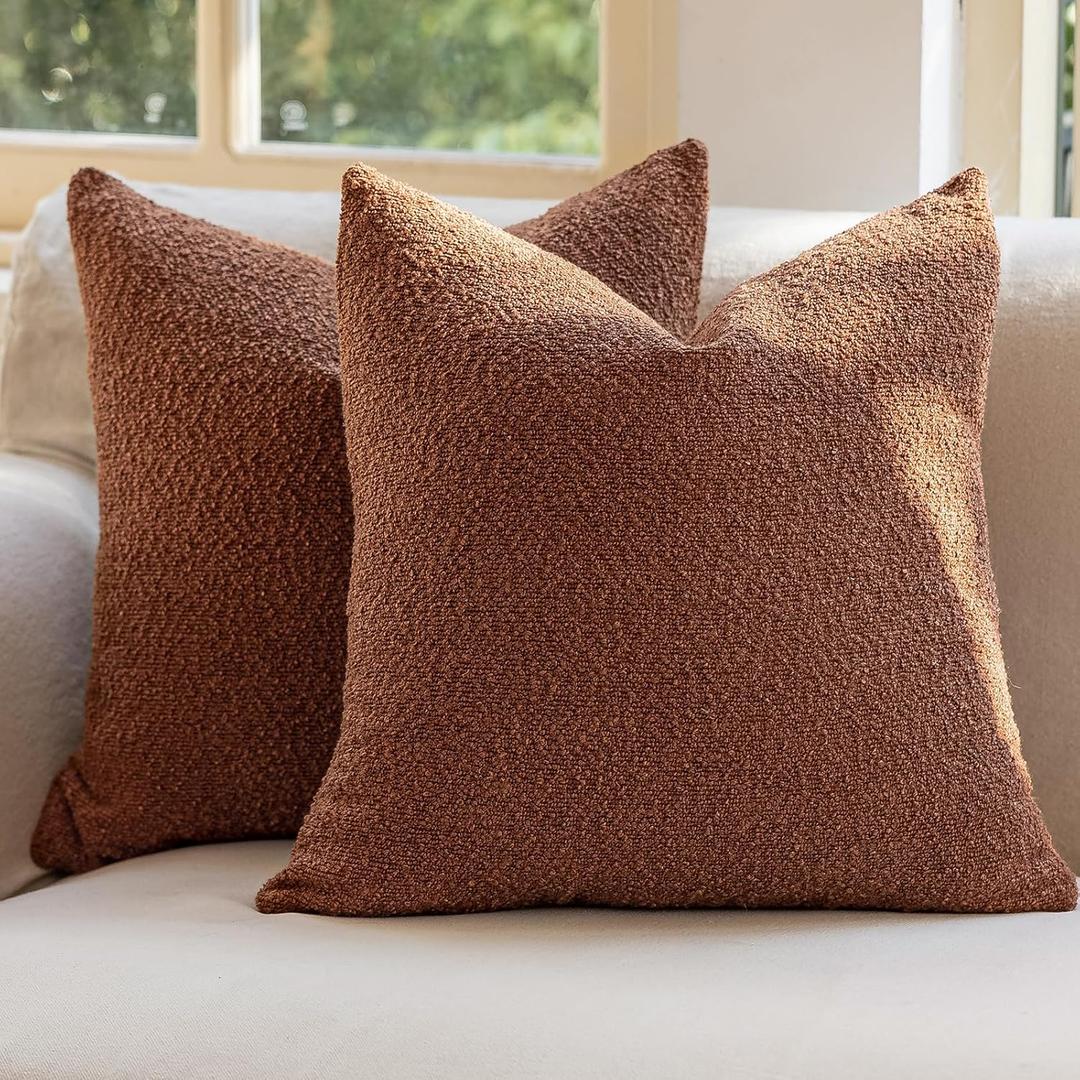 GEEORY Decorative Throw Pillow Covers 20x20 Inch Pack of 2, Textured Boucle Neutral Cushion Cases for Bed Couch Sofa, Accent Mordern Farmhouse Minimalist Home Decor (Tobacco Brown)