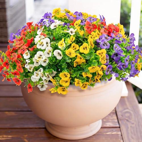 16 Bundles Artificial Fake Pansy Flowers for Outdoor - Yellow, White，Sunset red & Purple Faux Pansies Flowers, Fake Flowers for Outdoor Planters, Porch, Garden, Window Boxes, and Home Decoration