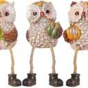 Lulu Home Thanksgiving Figurines, Set of 3 Resin Owl Shelf Sitters with Dangling Legs, Wheat Maize Pumpkin Harvest Sculpture for Window Sill Kitchen Tabletop Autumn Home Decor