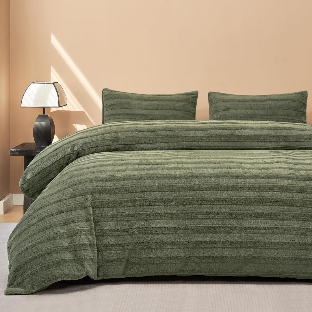 JELLYMONI Plush Duvet Cover Set - Queen Size Green Striped Fuzzy Comforter Cover 3pcs Bedding Set Luxury Ultra Soft Faux Fur Duvet Cover & 2 Pillowcases (NO Comforter)