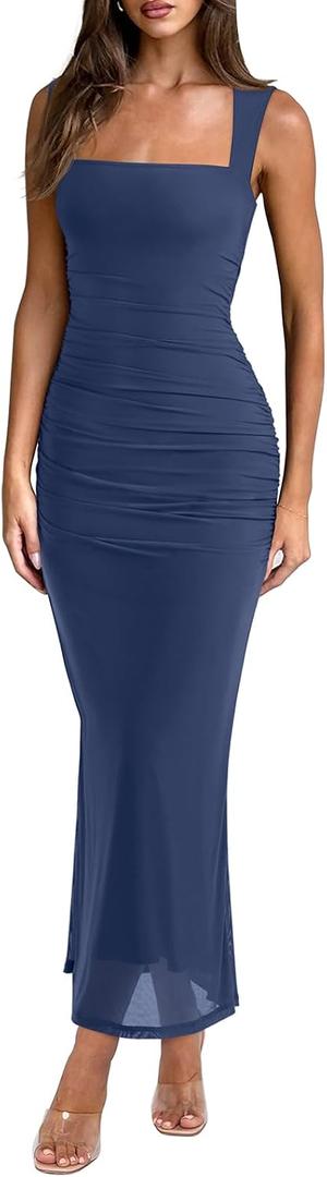 REORIA Summer Wedding Guest Maxi Dresses for Women Sleeveless Square Neck Sheer Mesh Ruched Bodycon Long Dress Trendy Clothes Denim Blue Medium