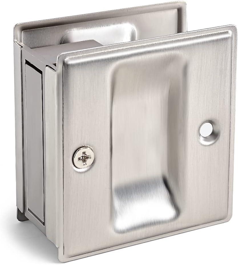 HOMOTEK Passage Sliding Door Pull Satin Nickel Without Switch Plate - Replace Old Or Damaged Pocket Door Pull Quickly and Easily, 2-3/4x2-1/2, for 1-3/8 Thickness (No Lock-Brushed Nickel)