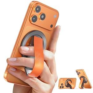 SINCEHOLY for MagSafe Phone Grip, Magnetic Phone Grip with Silicone Finger Strap & Dual-axis Adjustable Kickstand, Magnetic Phone Stand Ring Holder for Mag Safe iPhone 17/ 16/ 15/ 14/ 13/ 12 Series, Orange
