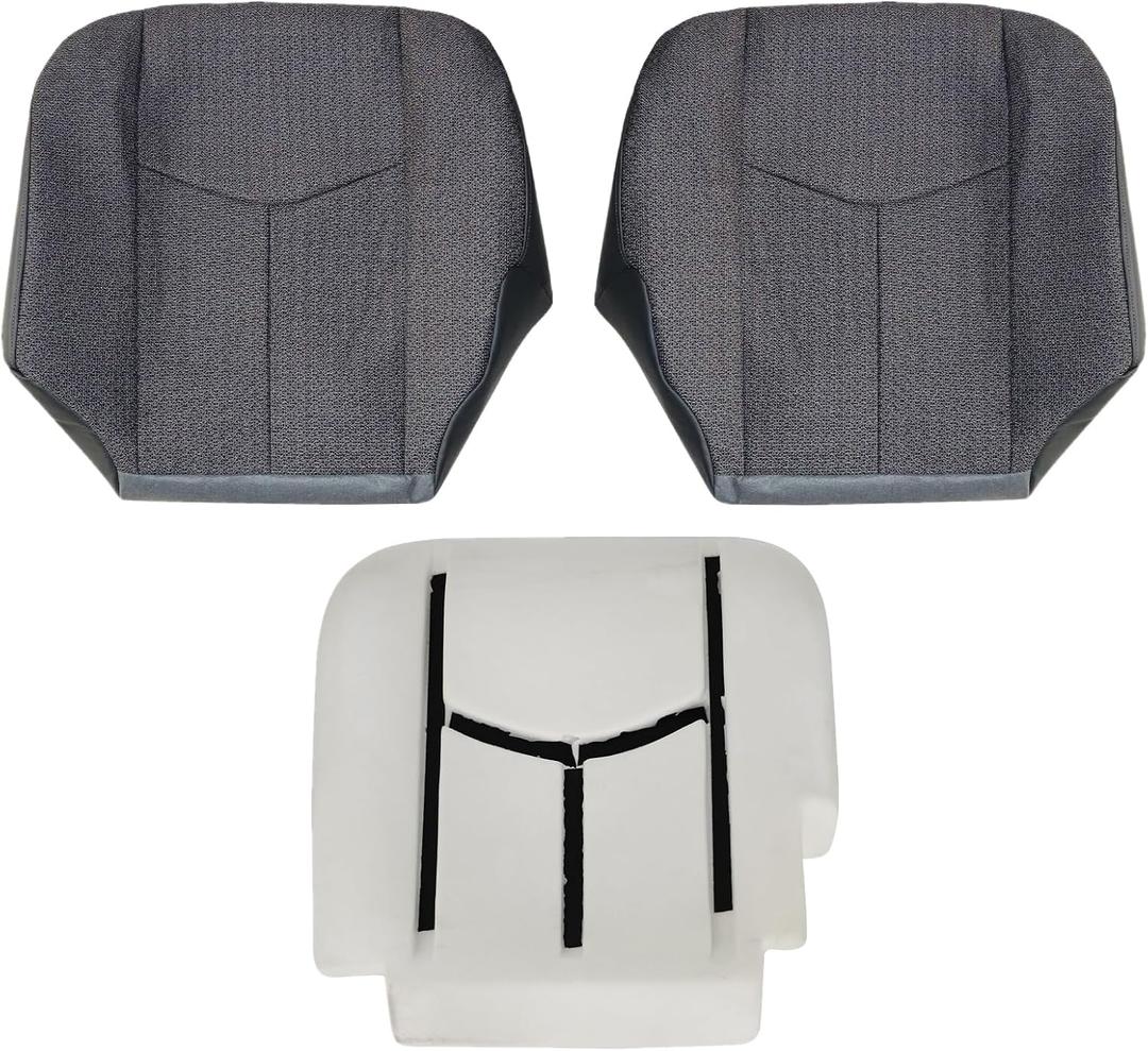 NLQR #69C Dark Gray Driver & Passenger Side Bottom Replacement Cloth Seat Covers & Driver Side Foam Cushion Compatible with Chevy Silverado GMC Sierra 1500 2500HD 3500HD 2003 2004 2005 2006 2007