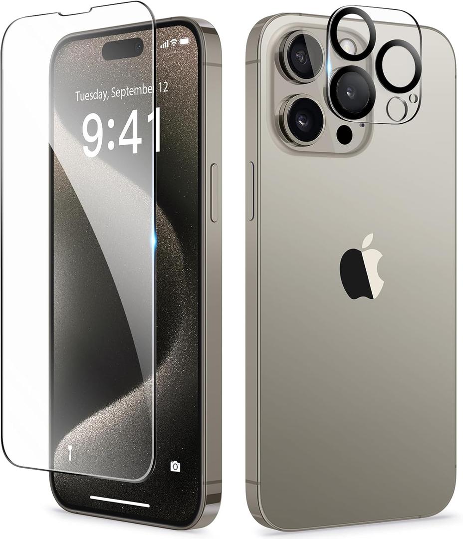 GVIEWIN Screen Protector for iPhone 15 Pro Max + Camera Lens Protector, Bubble-and-Dust-Free HD Tempered Glass, [9H Hardness+Military-Grade Protection] Easy Installation Exclusively for iPhone 15 Pro Max Full Coverage Screen Protector
