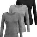 Ficerd 3 Pack Women's Ribbed Long Sleeve Tops | Crew Neck, Slim Fit Undershirts, Knit Basic, Summer Casual, Stretch Layering Tee Shirts, Medium
