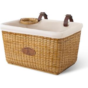 GRANNY SAYS Bike Basket Front with Cup Holder for Women and Men, Natural Rattan Wicker Bike Baskets for Adult Bikes, Basket for Bikes with Liner, Bicycle Baskets for Beach Cruiser