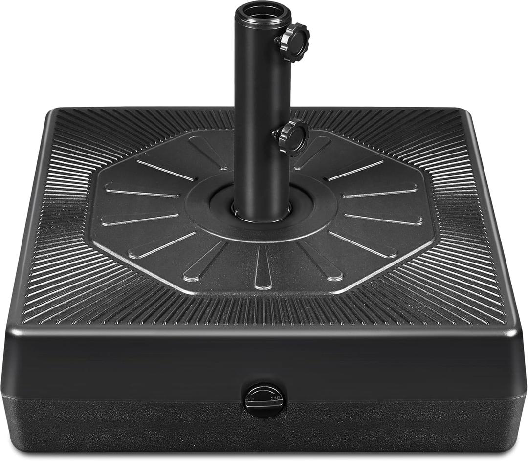 FRUITEAM 125lbs Fillable-Patio-Umbrella-Base Heavy-Duty, Reversible & Square Market Table Umbrella Stand for Pool, Deck, Outdoor with 2 Knobs, Double-Side Pattern, Black