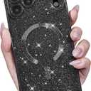 for iPhone 17 Pro Max Case Glitter Compatible with Magsafe, Girly Cute Sparkly Magnetic Mag Safe Pretty Phone Case for Women, Bedazzled Bling Sparkle Slim Bright Silicone Rubber Jelly, Black