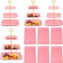 10 Pack Dessert Table Display Set - 4 x Three-Tier Square Cupcake Stands and 6 x Serving Trays, Elegant Tableware for Cakes, Cupcakes, Pastries, and Snacks, Perfect for Parties (Pink)