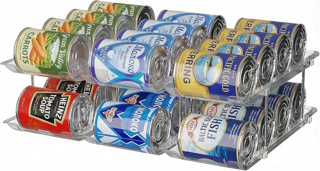 Can Organizer for Pantry, 2 Tier Canned Food Goods Storage Organizer, Clear Soda Can Organizer for Refrigerator Stackable Can Dispenser Rack Holders for Pantry Cabinet Fridge Countertop, Holds 24 Cans
