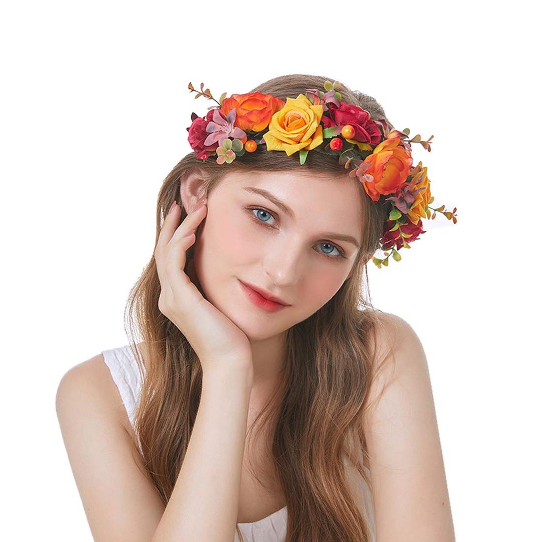 Women Rose Flower Crown Eucalyptus Leave Headband Baby Shower Floral Headpiece Greenery Garland Hair Wreath Photo Shoot (Orange Burgundy Yellow)