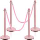 Ferraycle 4 Pcs Stainless Steel Stanchions Post Queue 38 Inch, 5 ft Velvet Carpet Ropes and Pole, Control Barriers for Wedding Birthday Party Decoration Sand Injection Hollow Base Set (Gray Pink)