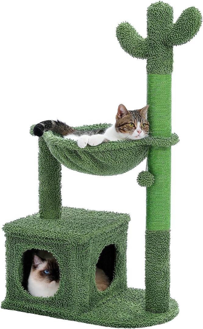Cactus Cat Tree 40" Cat Tower with Large Metal Carpet Hammock, Cat Scratching Post for Indoor Cats with Condo & Replaceable Toy Ball, Green (40" Cactus Cat Tree)