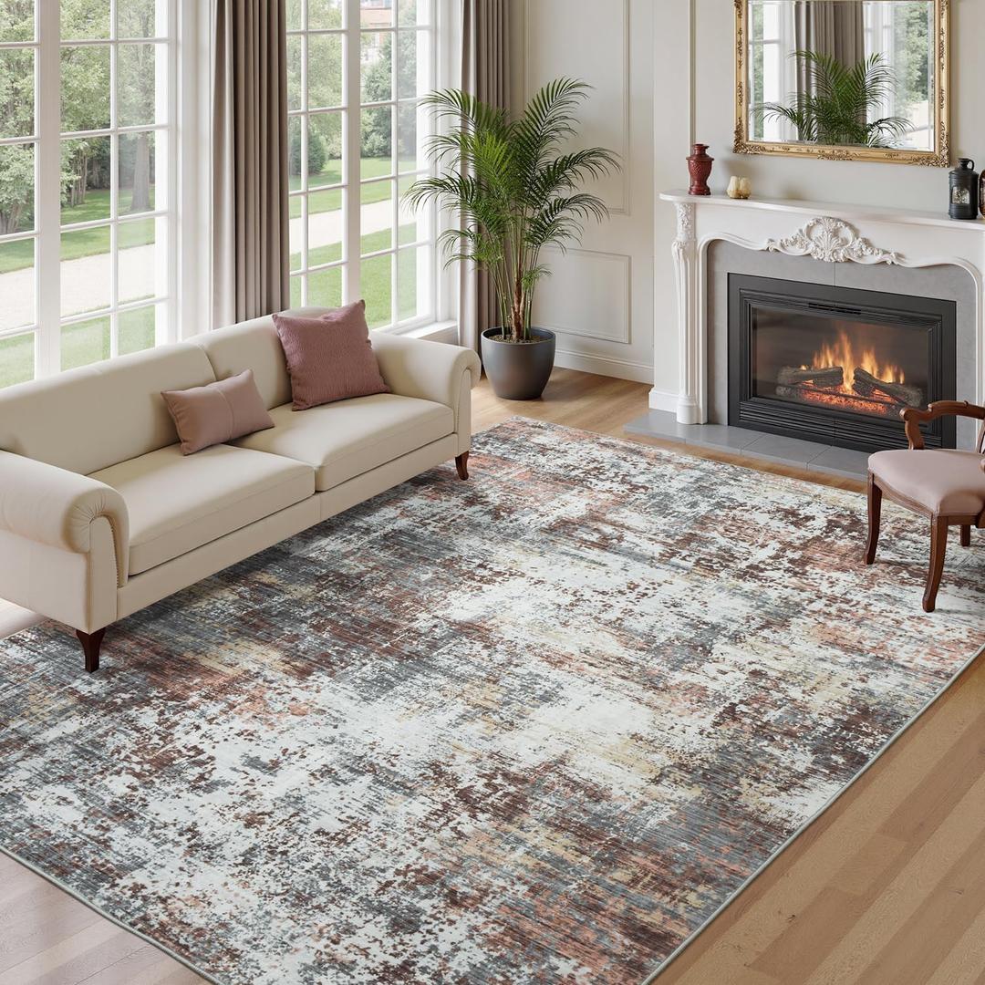 Area Rugs 9x12 Living Room, Washable Abstract Modern Soft Bedroom Rug, Large Non-Slip Stain Resistant Floor Carpet for Dining Room Nursery, Rust Red