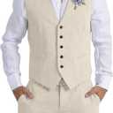 Mens Linen Suit 2 Piece Short Suits for Men Casual Summer Beach Wedding Suit Linen Beige Vest Shorts Set, X-Small