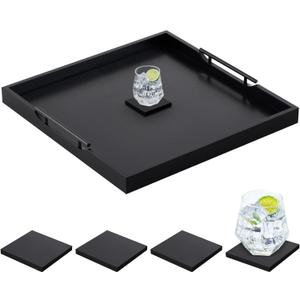 Remagr 24'' Square Extra Large Ottoman Tray, Wood Serving Tray with 4 Coasters and Metal Handles Decorative Coffee Table Platter for Living Room Sofa Food Tea Server Housewarming Home Gift(Black)