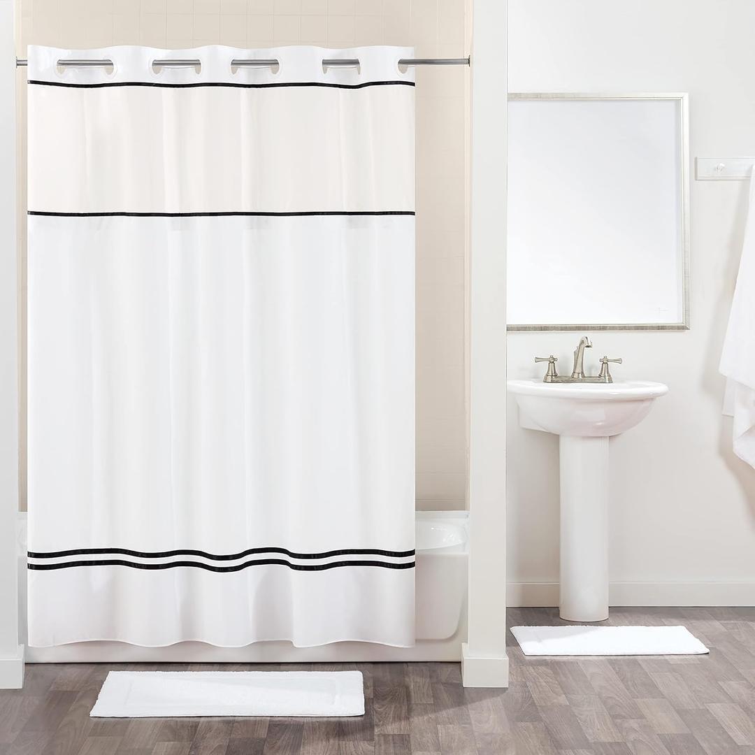 Hookless Fabric 3-in-1 Shower Curtain Set with PEVA Its A Snap! Snap-In Liner and Window, 71x74 In., White/Black