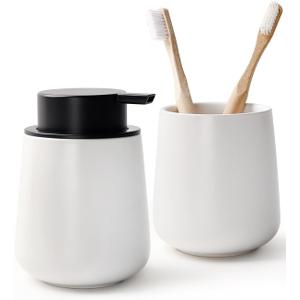 Bosilunlife Soap and Toothbrush Holder Set - Ceramic Bathroom Accessories Set White Foaming Hand Soap Dispenser Set Bathroom Counter Toothbrush Holder and Soap Dispenser Set