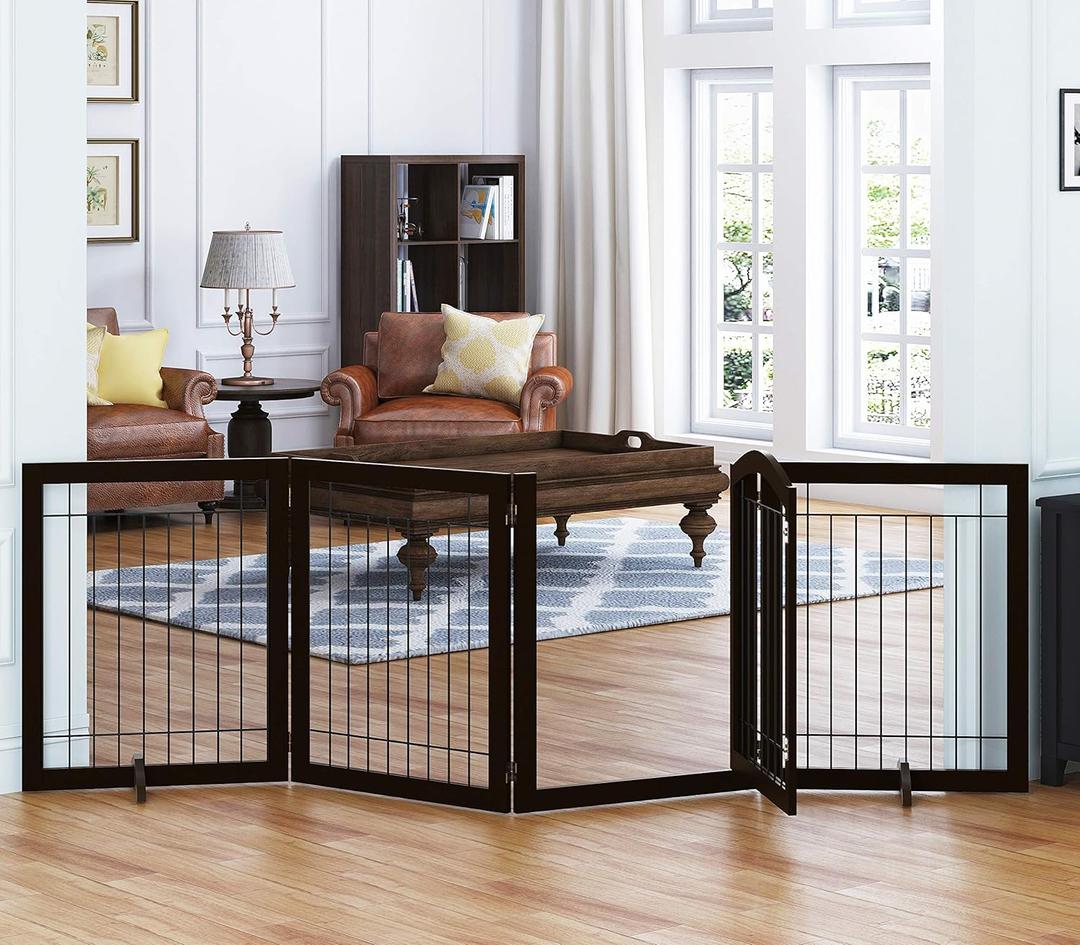 SPIRICH 96-inch Extra Wide 30-inches Tall Dog Gate with Door Walk Through, Freestanding Wire Pet Gate for The House, Doorway, Stairs, Pet Puppy Safety Fence, Support Feet Included(Espresso)