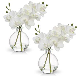 Oairse White Orchids Artificial Flowers Faux Orchid Arrangement with Clear Glass Vase Set of 2 Real Touch Phalaenopsis Orchid Flowers Orchid Centerpiece for Dining Room Table