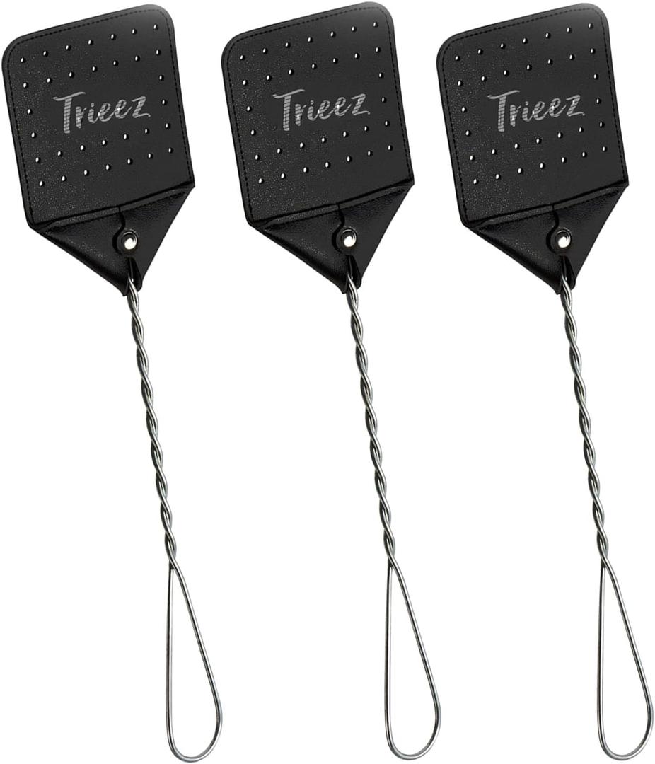 3 Pack Sturdy Leather Fly Swatter - Heavy Duty Flyswatter with Durable Metal Handle, 17.5 Rustic Bug Swatter for Flies, Bees, and More