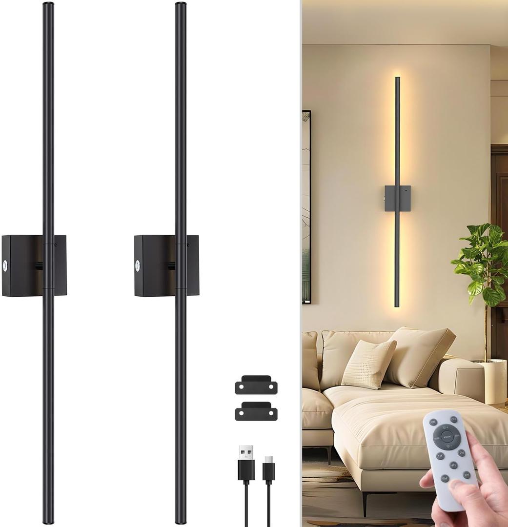 NIORSUN 35.4 Inch Battery Operated Wall Sconce Set of 2, 360 Rotation Black Rechargeable Wall Lights with Detachable Tube and Remote, 3CCT Dimmable Wireless Wall Lamp for Living Room Bedroom Hallway